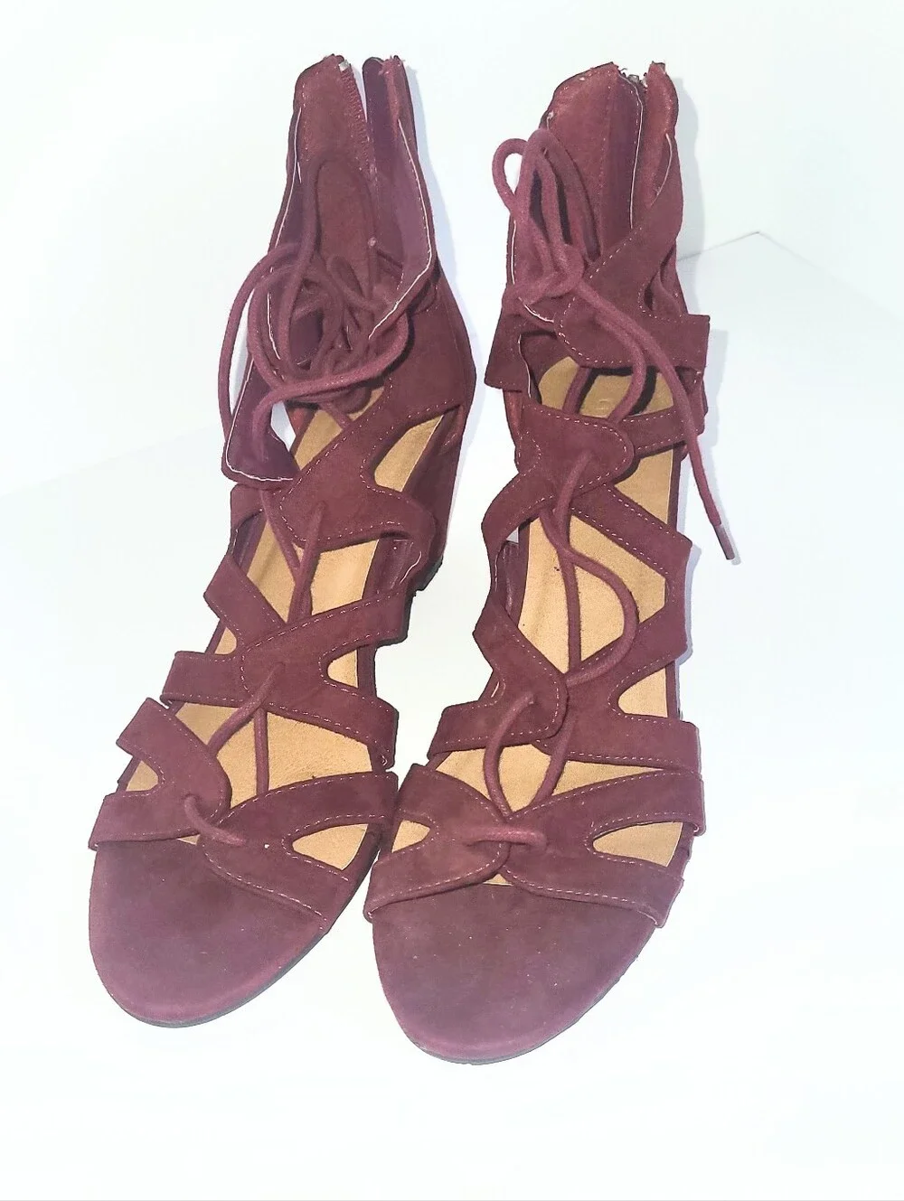 Charlotte Russe Burgundy Vegan Suede Lace Up Open Wedge Heel Size 9